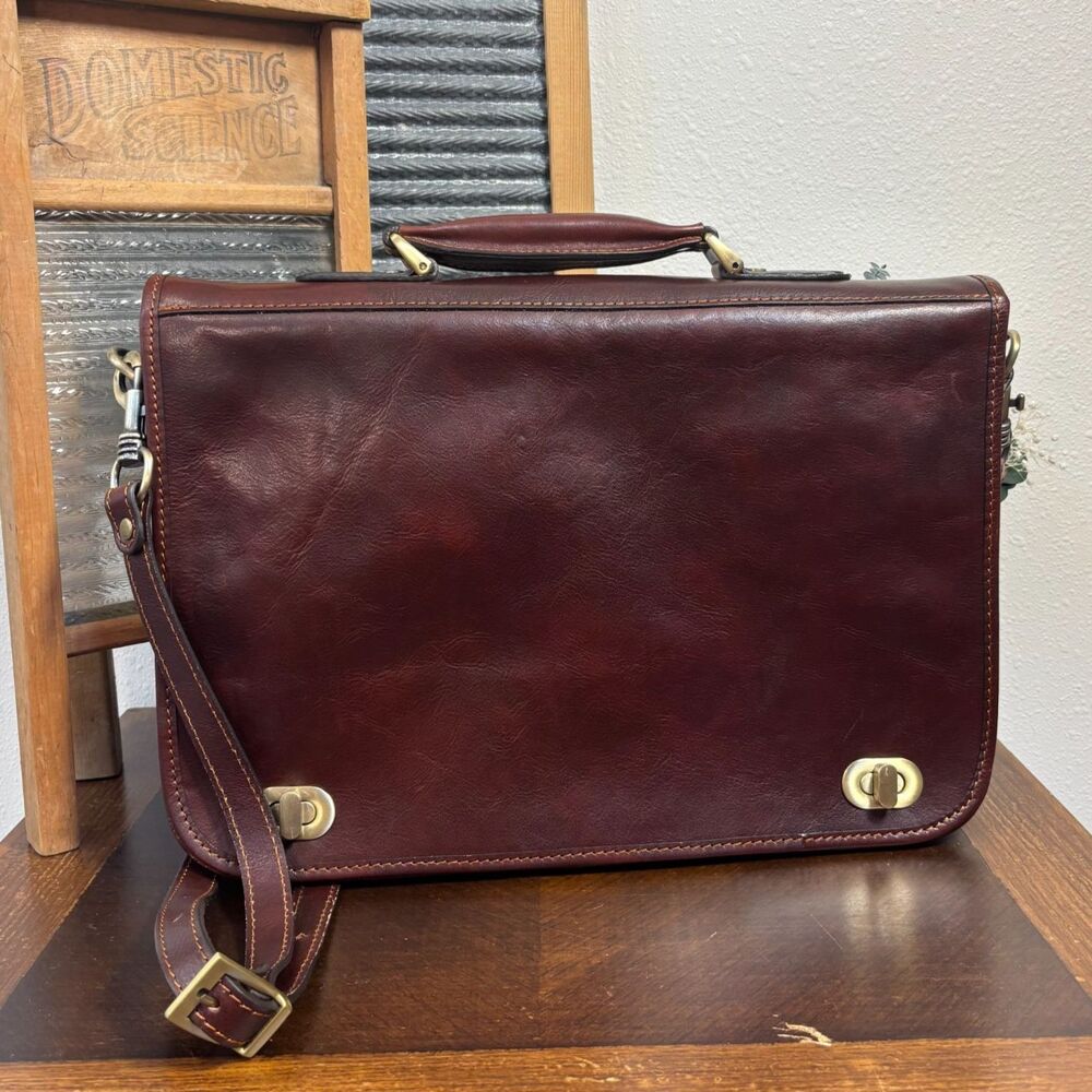 Time Resistance Illusions Briefcase Brown Full Grain Leather Italy NWOT